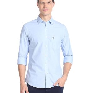 Men's Blue Solid Spread Collar Collared Neck Full Sleeve Casual Cotton Regular Fit Shirt