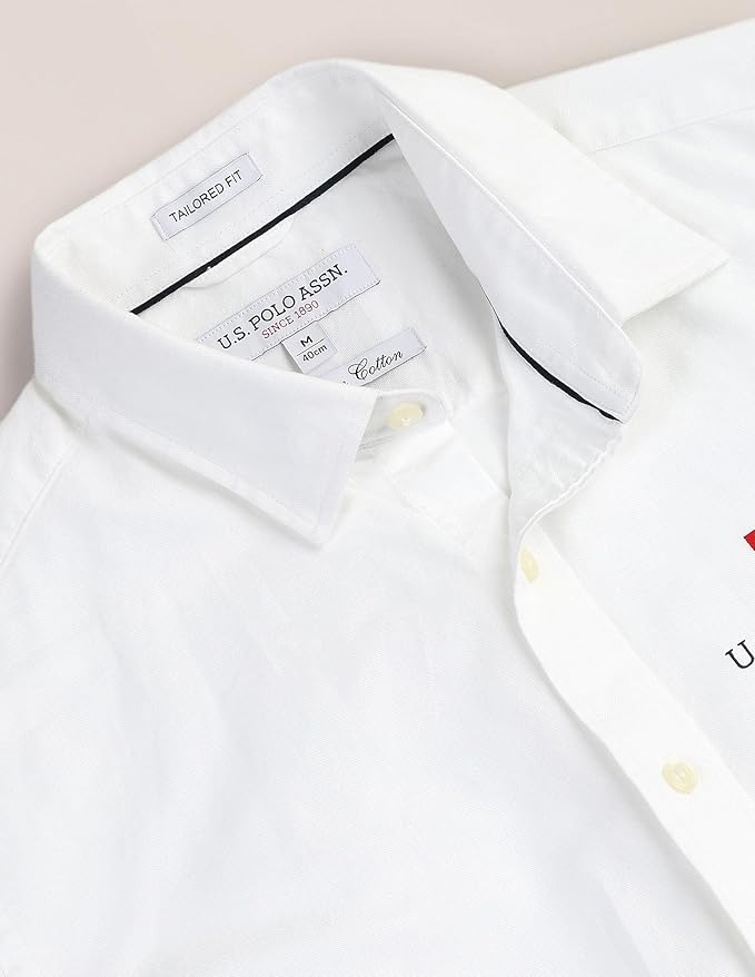 U.S. POLO ASSN. Mens Cotton Regular Fit White Solid Collared Neck Long Sleeve Casual Shirts - Image 2