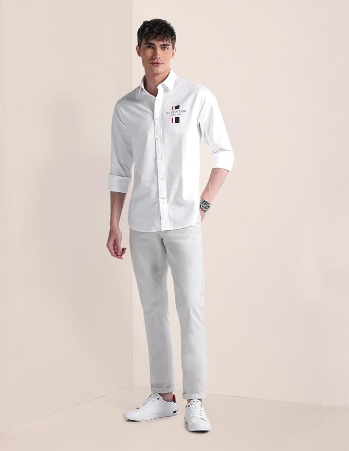 U.S. POLO ASSN. Mens Cotton Regular Fit White Solid Collared Neck Long Sleeve Casual Shirts - Image 3