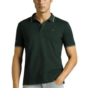 Louis Philippe Men's Slim Fit Single-Tuck Pique Stylized Sleeve Print and Contrast Tipping Half Sleeve Solid Polo Tshirt